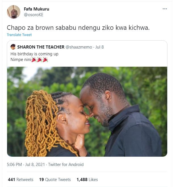 Fafa mukuru osoroke chapo za brown sababu ndengu ziko kwa kichwa. translate twee