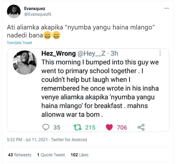 Evansquez evansquezn ati aliamka akapika nyumba yangu haina mlango nadedi bana t