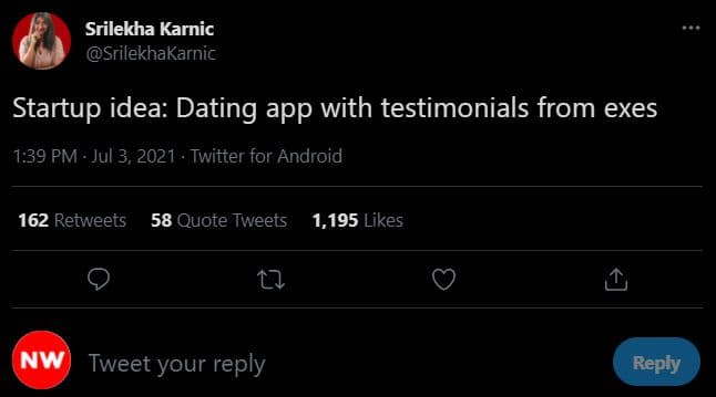 Srilekha karnic srilekhakarnic startup idea dating app with testimonials from ex