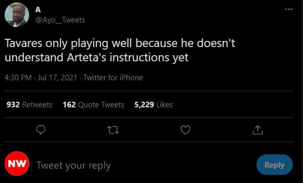 Ayo tweets tavares only playing well because he doesn't understand arteta's inst