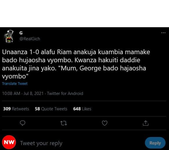 Realgich unaanza 10 alafu riam anakuja kuambia mamake bado hujaosha vyombo. kwan