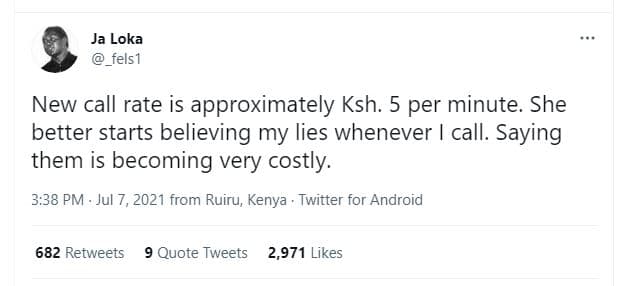 Ja loka fels1 new call rate is approximately ksh. 5 per minute. she better start