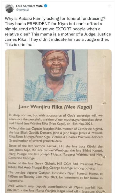 Lord abraham mutai itsmutai why is kabaki family asking for funeral fundraising?