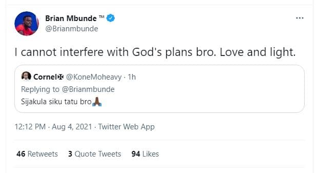 Brian mbunde brianmbunde cannot interfere with god's plans bro. love and light.