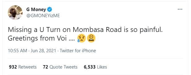 G money gmoneyizme missing a u turn on mombasa road is so painful. greetings fro