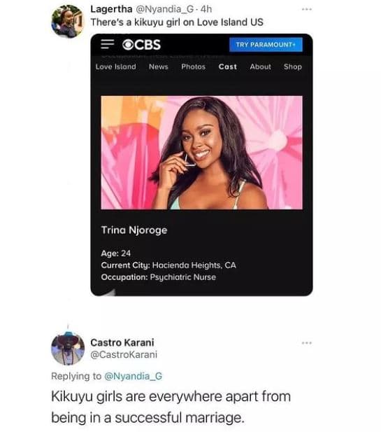 Lagertha nyandia_g ah there's a kikuyu girl on love island us cbs try paramounts