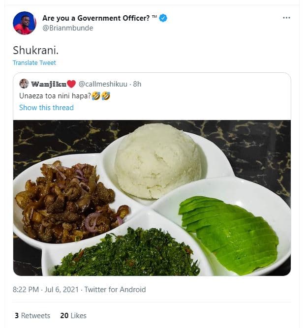 Are you government officer? brianmbunde shukrani. translate tweet wanjiku callme