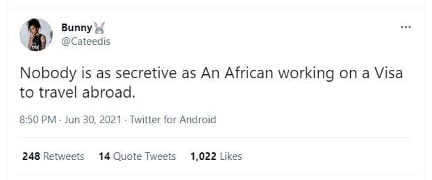 Bunny cateedis nobody is as secretive as an african working on a visa to travel