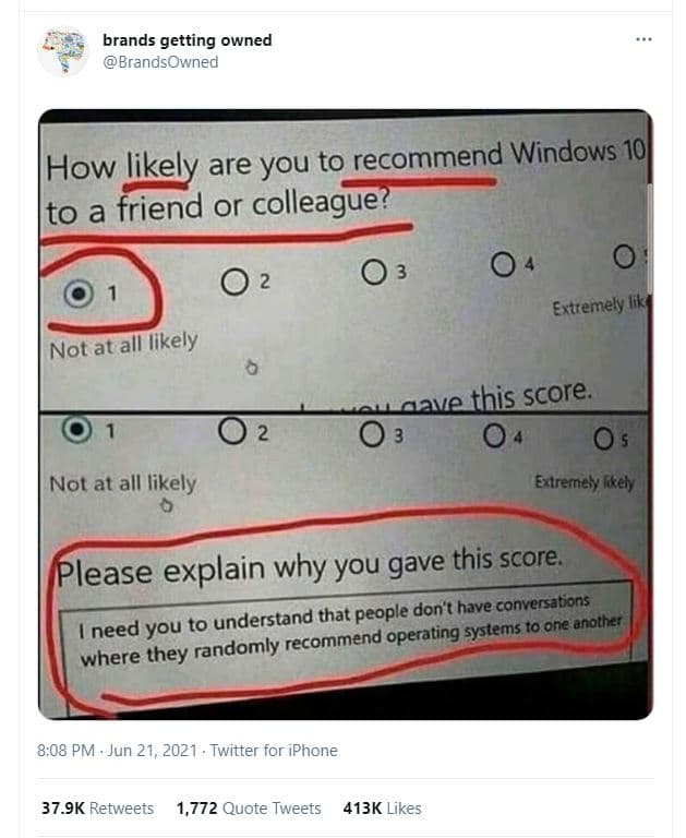 Brands getting owned brandsowned how likely are you to recommend windows 10 to a
