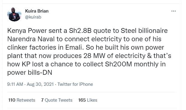 Kuira brian kuirab kenya power sent a sh2.8b quote to steel billionaire narendra