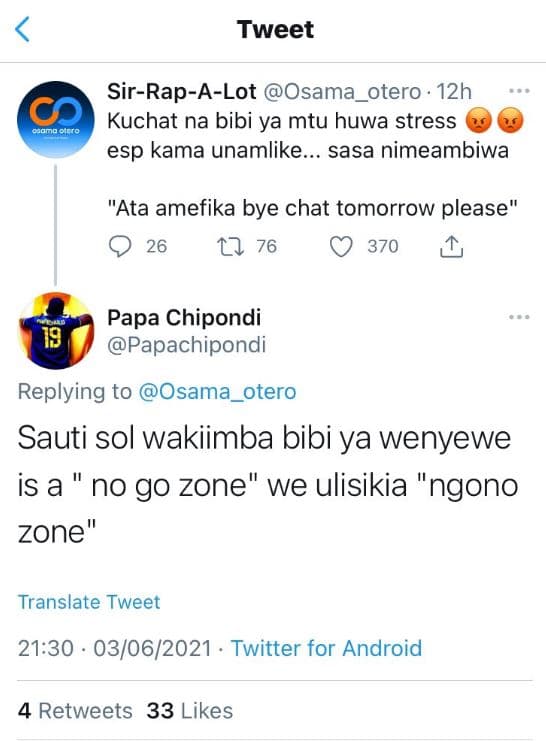 Tweet sirrapalot osama otero 12h oio cgto kuchat na bibi ya mtu huwa stress esp