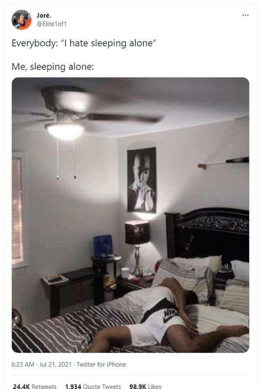 Joré elitelof1 everybody hate sleeping alone me sleeping alone 6.23 am . jul 21,