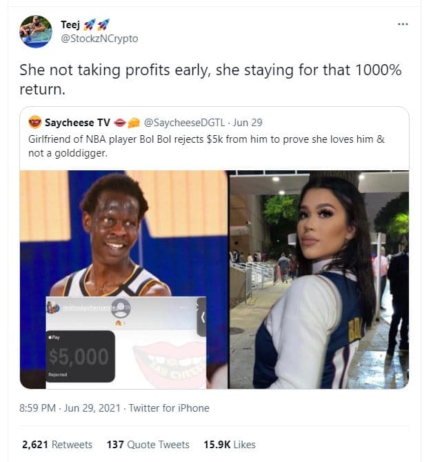 Teej stockzncrypto she not taking profits early she staying for that return. say