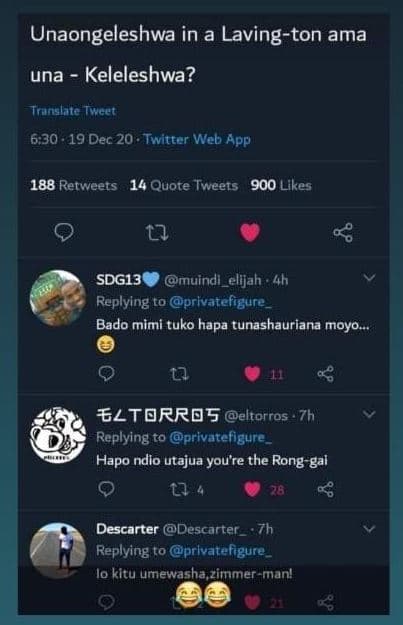 Unaongeleshwa in a lavington ama una keleleshwa? trunslate twcet 6.30 19 dec 20