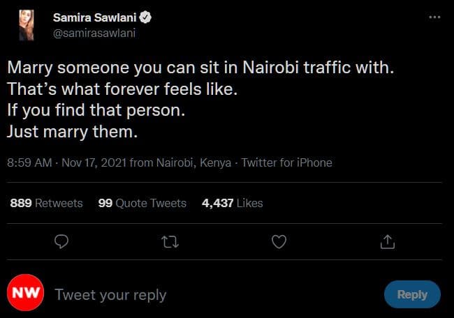 Samira sawlani samirasawlani marry someone you can sit in nairobi traffic with t