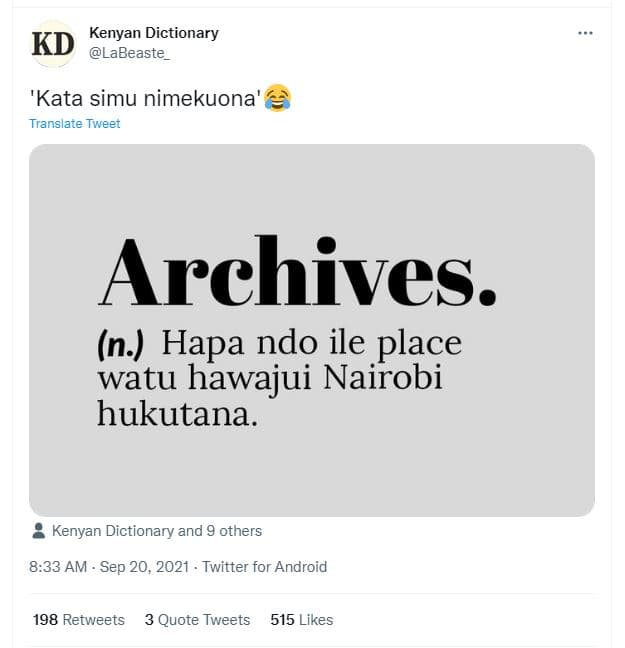 Kd kenyan dictionary labeaste 'kata simu nimekuona translare tweet archives. n.