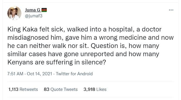 Juma g jumaf3 king kaka felt sick walked into hospital, a doctor misdiagnosed hi