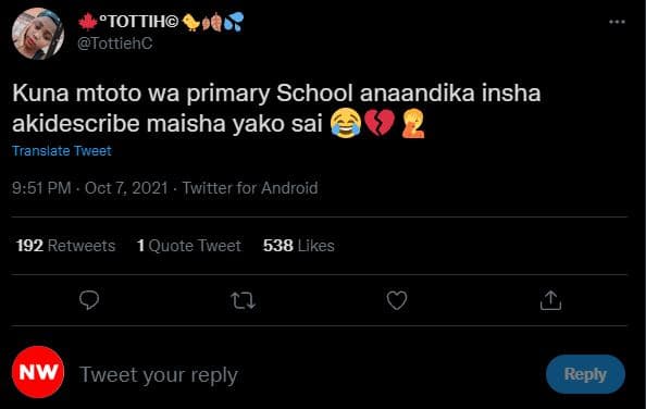 Ptottih tottiehc kuna mtoto wa primary school anaandika insha akidescribe maisha