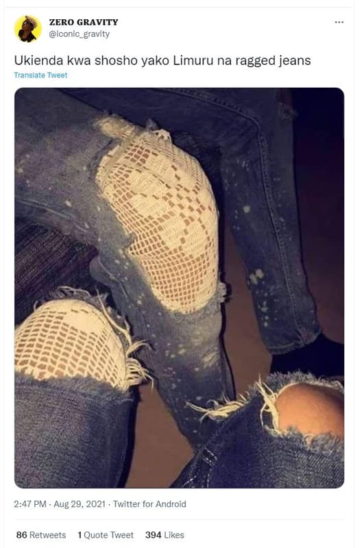 Zero gravity iconic_gravity ukienda kwa shosho yako limuru na ragged jeans trans