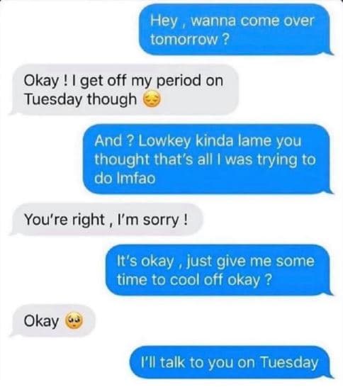 Hey wanna come over tomorrow ? okay ! i get off my period on tuesday though and