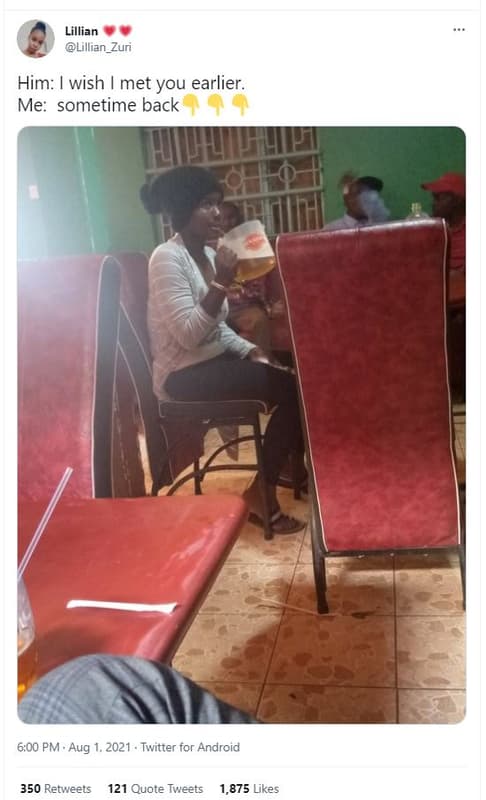 Lillian lillian_zuri him wish met you earlier. me sometime back 6.00 pm aug twit