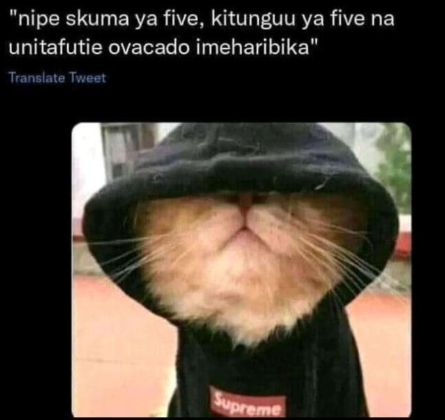 Nipe skuma ya five, kitunguu ya five na unitafutie ovacado imeharibika' translat