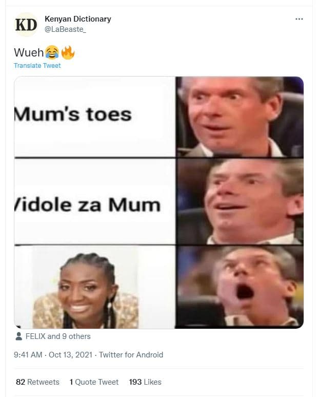 Kenyan dictionary kd labeaste wueh translate tweet mum's toes lidole za mum feli