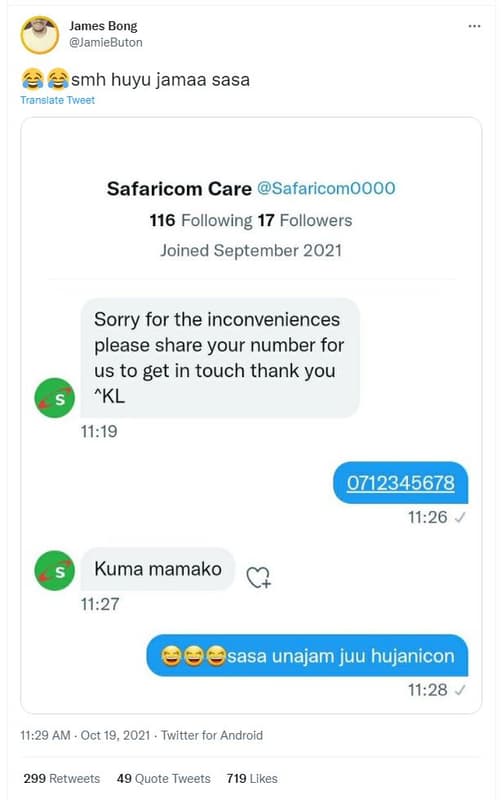 James bong jamiebuton smh huyu jamaa sasa translate tweet safaricom care safaric