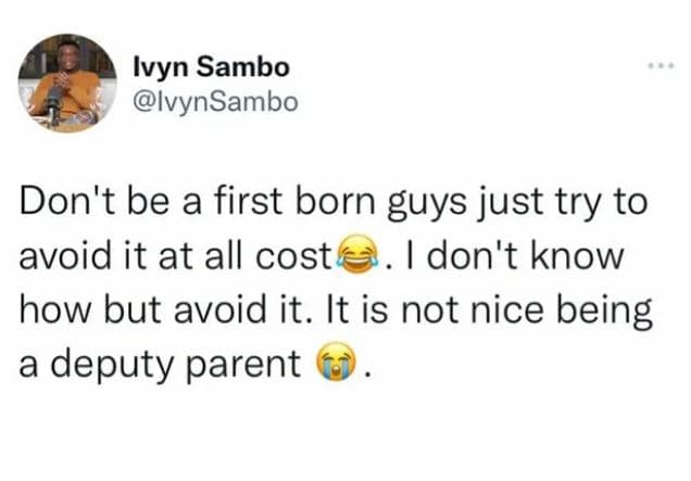 Ivyn sambo ivynsambo don't be a first born guys just try to avoid it at all cost