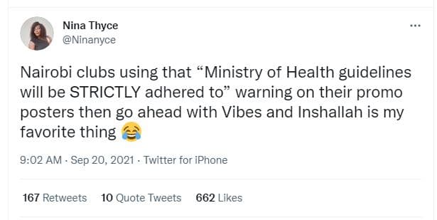 Nina thyce ninanyce nairobi clubs using that ministry of health guidelines will
