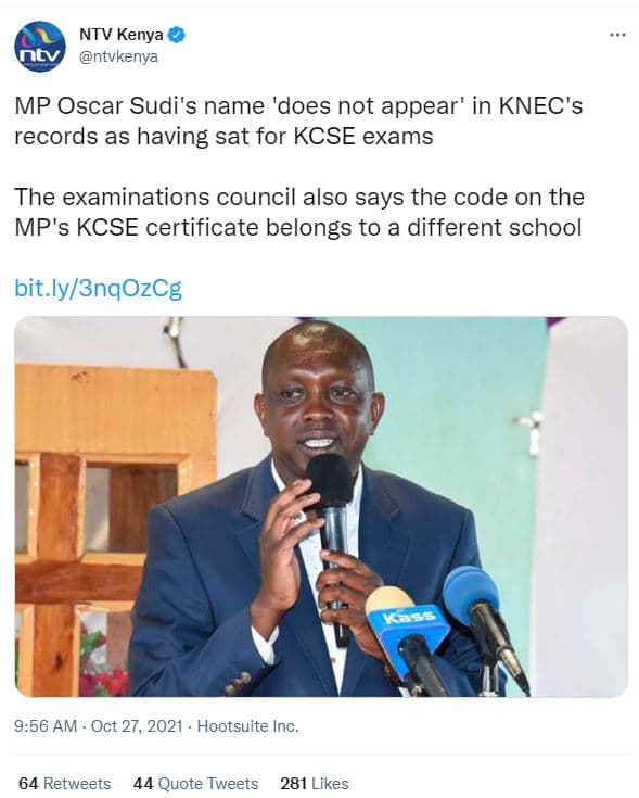 Ntv kenya ntvkenya mp oscar sudi's name 'does not appear' in knec's records as h