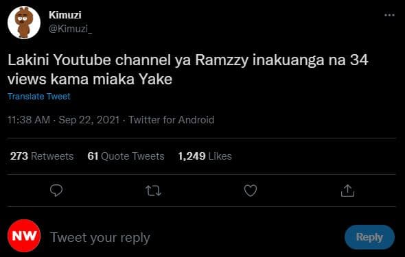 Kimuzi kimuzi_ lakini youtube channel ya ramzzy inakuanga na 34 views kama miaka