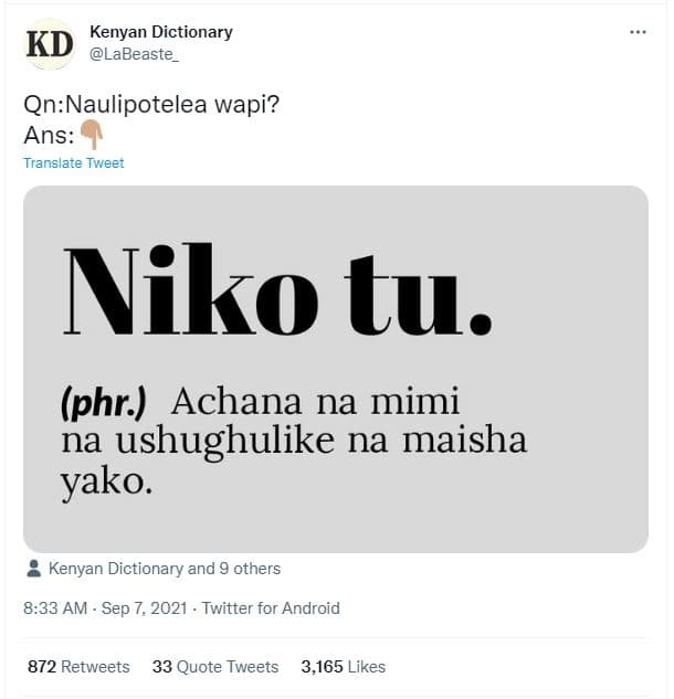Kenyan dictionary kd labeaste qnnaulipotelea wapi? ans translare tweet niko tu.