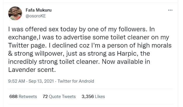 Fafa mukuru osoroke was offered sex today by one of my followers. in exchange, w