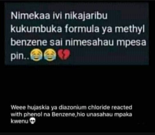 Nimekaa ivi nikajaribu kukumbuka formula ya methyl benzene sai nimesahau mpesa p