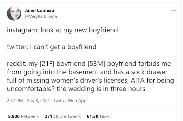 Janel comeau verybadllama instagram look at my new boyfriend twitter can't get a