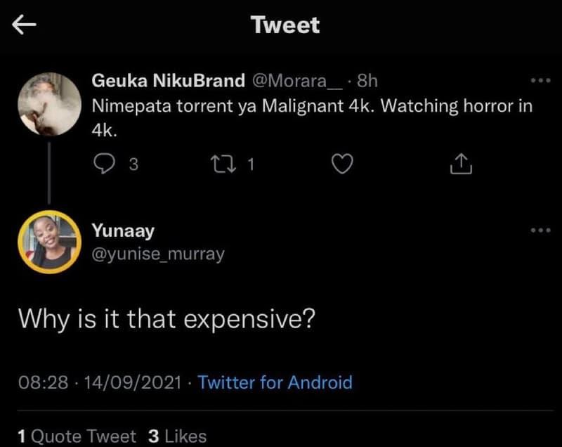 Tweet geuka nikubrand morara_ 8h nimepata torrent ya malignant 4k. watching horr