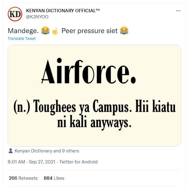 Kenyan dictionary officialtm kd k3nyoo mandege _ translate tweet peer pressure s