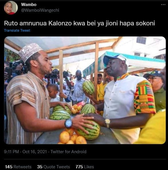 Wambo wamboiwangechi ruto amnunua kalonzo kwa bei ya jioni hapa sokoni translate
