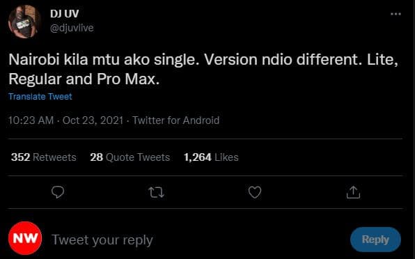 Dj uv djuvlive nairobi kila mtu ako single. version ndio different. lite regular