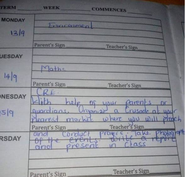 Week commences monday luxennen 139 parencs sign teacher's sipn uesday mlaths 149