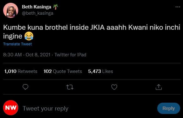Beth kasinga beth_kasinga kumbe kuna brothel inside jkia aaahh kwani niko inchi