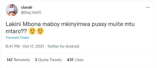 Clarah sop_hielo lakini mbona maboy mkinyimwa pussy muite mtu mtaro?? translate