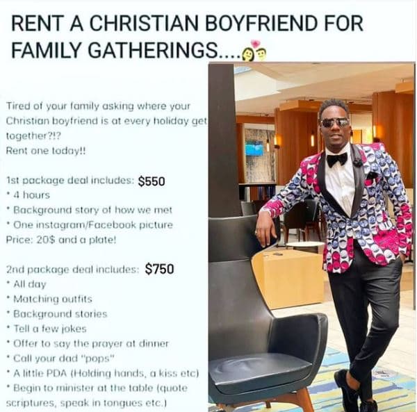 Rent a christian boyfriend for family gatherings. tired 01 volir ianuily sking w
