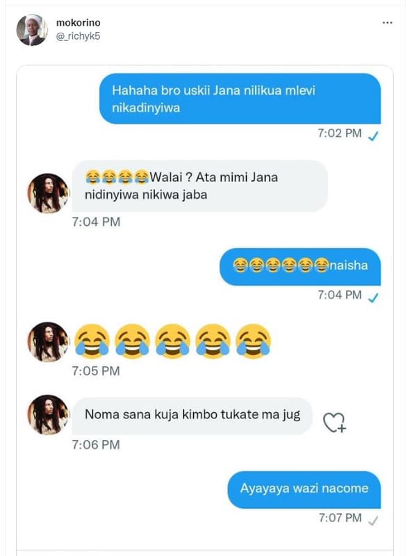 Mokorino richyk5 hahaha bro uskii jana nilikua mlevi nikadinyiwa 702 pm 86ee wal