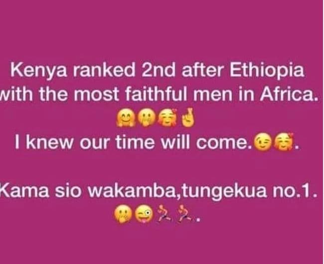 Kenya ranked 2nd after ethiopia vith the most faithful men in africa. 1 knew our