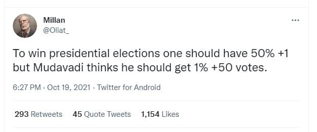 Millan oliat _ to win presidential elections one should have 50 1 but mudavadi t