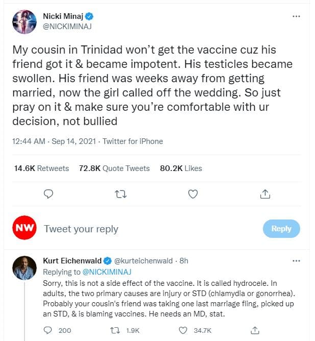 Nicki minaj nickiminaj my cousin in trinidad won't get the vaccine cuz his frien