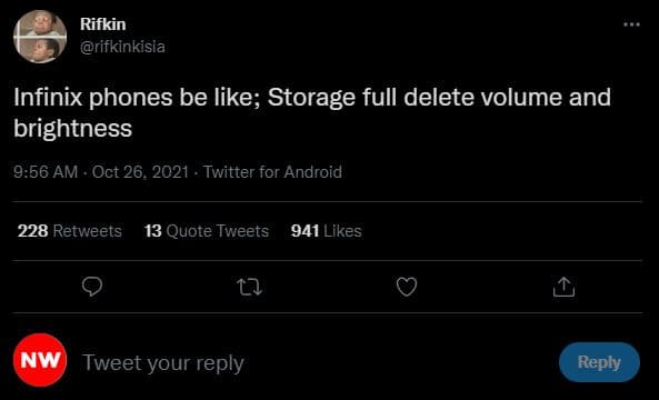 Rifkin rifkinkisia infinix phones be like storage full delete volume and brightn