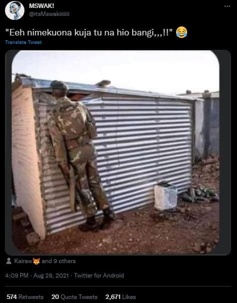 Mswak! itsmswakiiiiiii eeh nimekuona kuja tu na hio bangi,, translate tueet kair